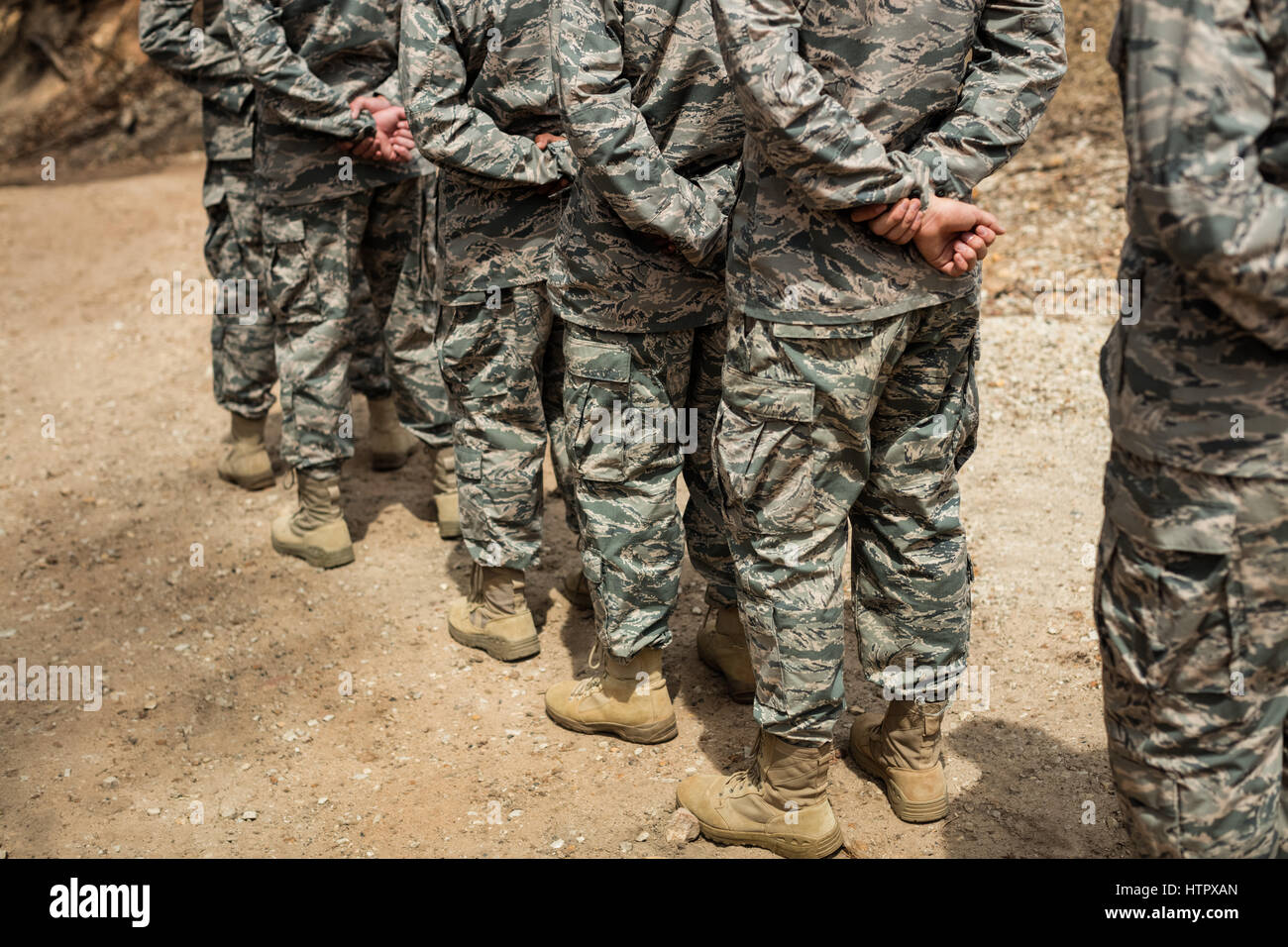 Group of military soldiers standing in line at boot camp Stock Photo Alamy