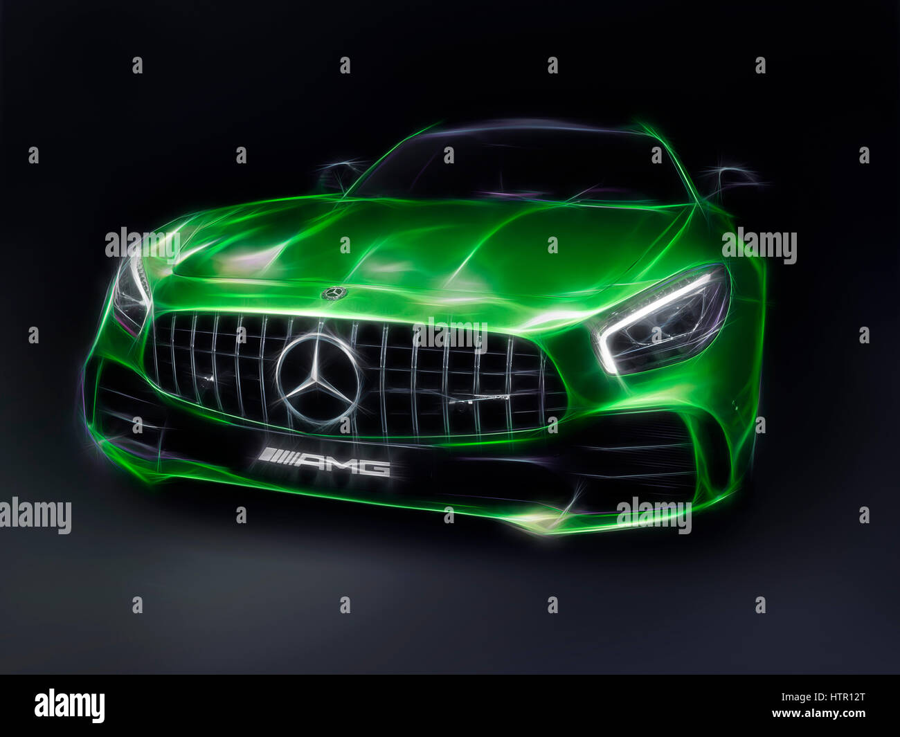 License and prints at MaximImages.com - Stylized photo illustration of Green 2017 Mercedes-Benz AMG GT R Coupe sports car isolated on black background Stock Photo