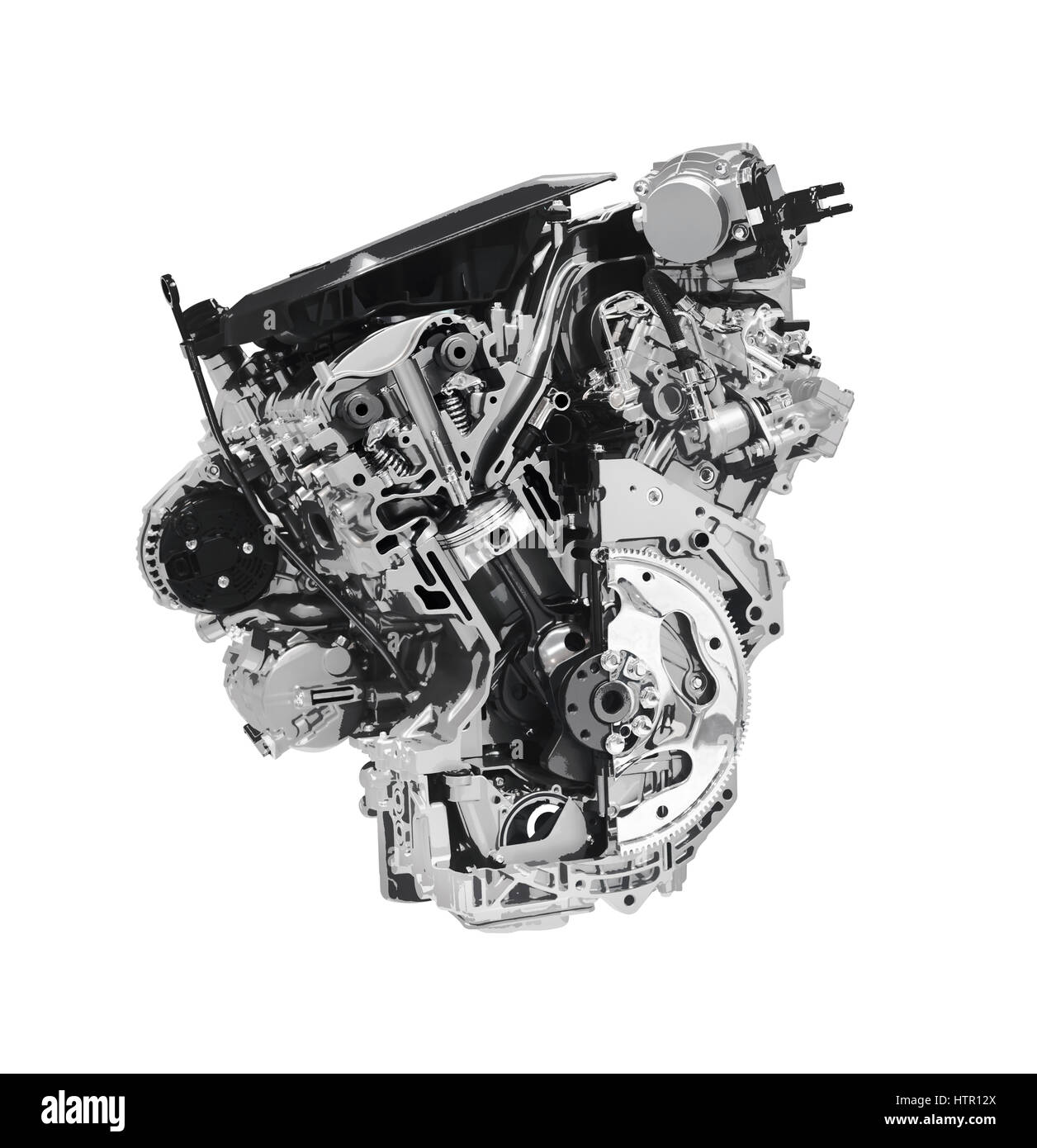 License available at MaximImages.com - Stylized photo illustration pf a Cross section of 2017 Buick Lacrosse 3.6L V6 VVT DI 310HP car engine showing t Stock Photo