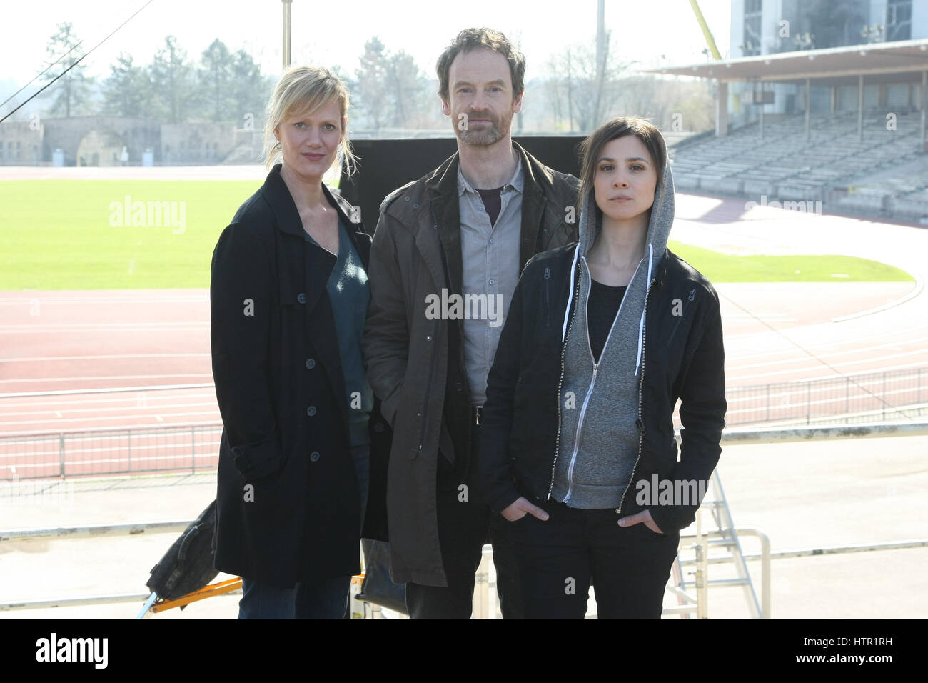 Dortmund, Germany. 13th Mar, 2017. Anna Schudt, Joerg Hartmann and Aylin Tezel during a photocall on set of the WDR Tatort Tollwut'. Credit: Maik Boenisch/Pacific Press/Alamy Live News Stock Photo