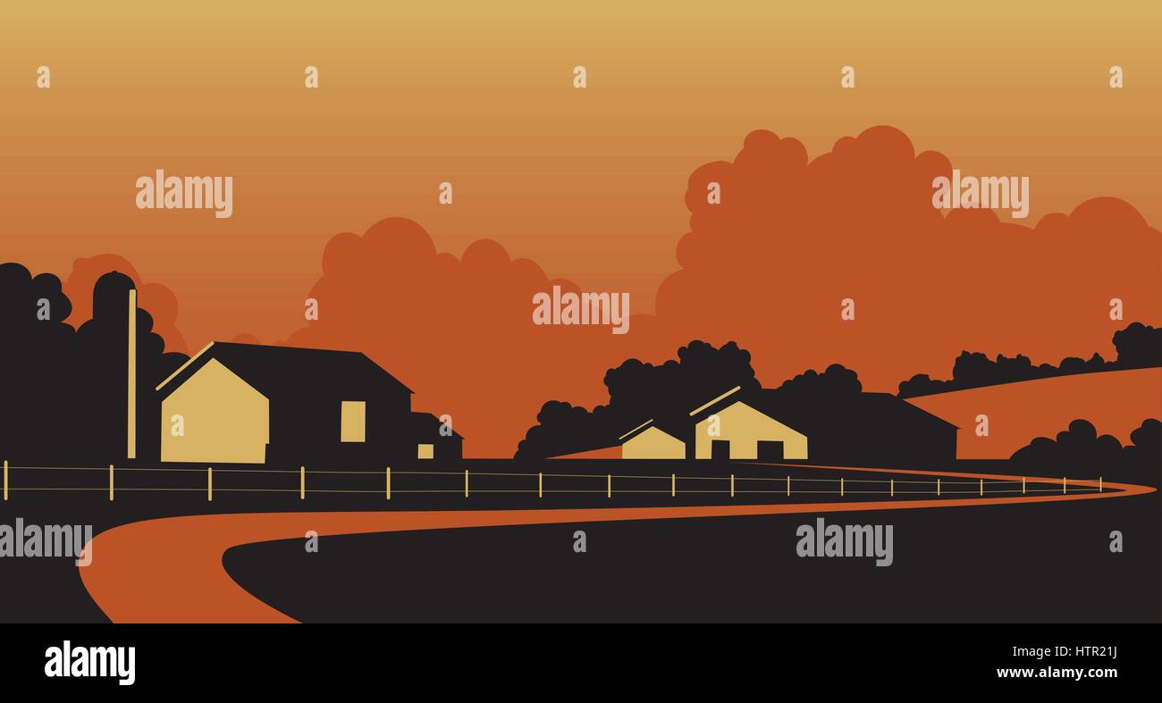 Vector illustration of a rural farm in rolling hills Stock Vector
