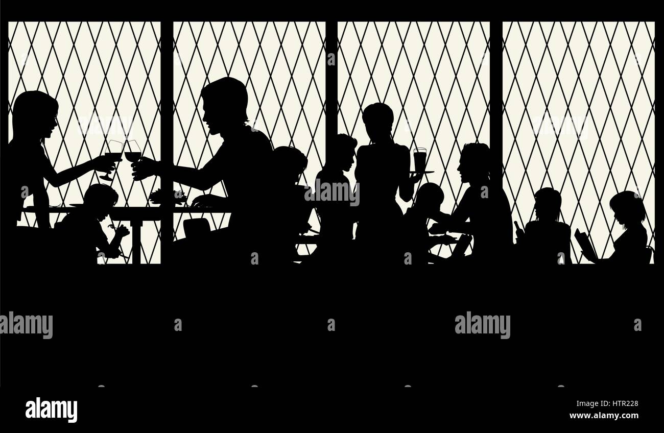 Vector illustration of people dining in a busy restaurant silhouetted against lattice windows Stock Vector