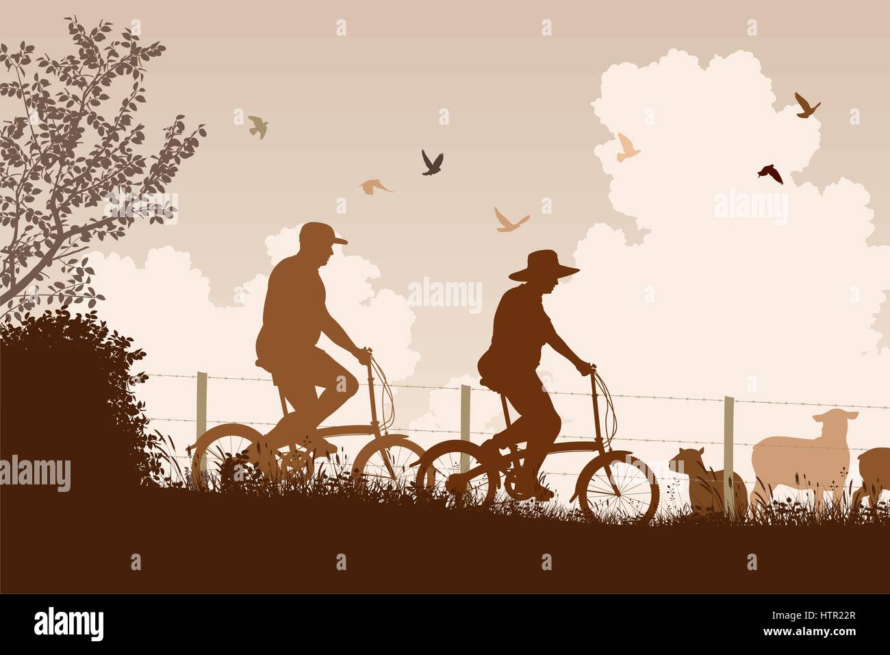 Editable vector silhouette of a couple cycling together in the countryside Stock Vector