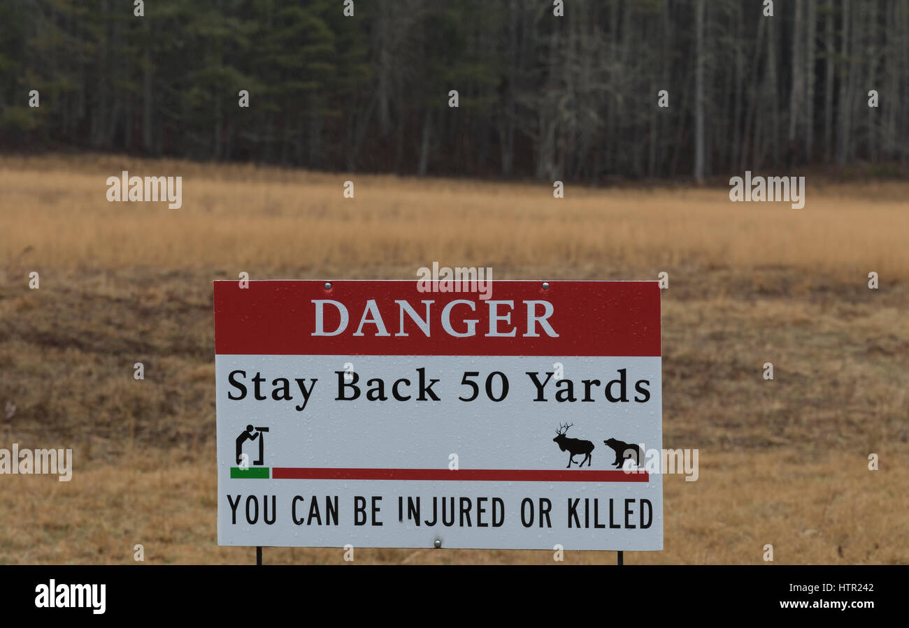 Sigh, Danger, Stay Back 50 Yards, You can be Injured or Killed, Cataloochee Valley, Great Smoky Mountains National Park, North Carolina, USA Stock Photo