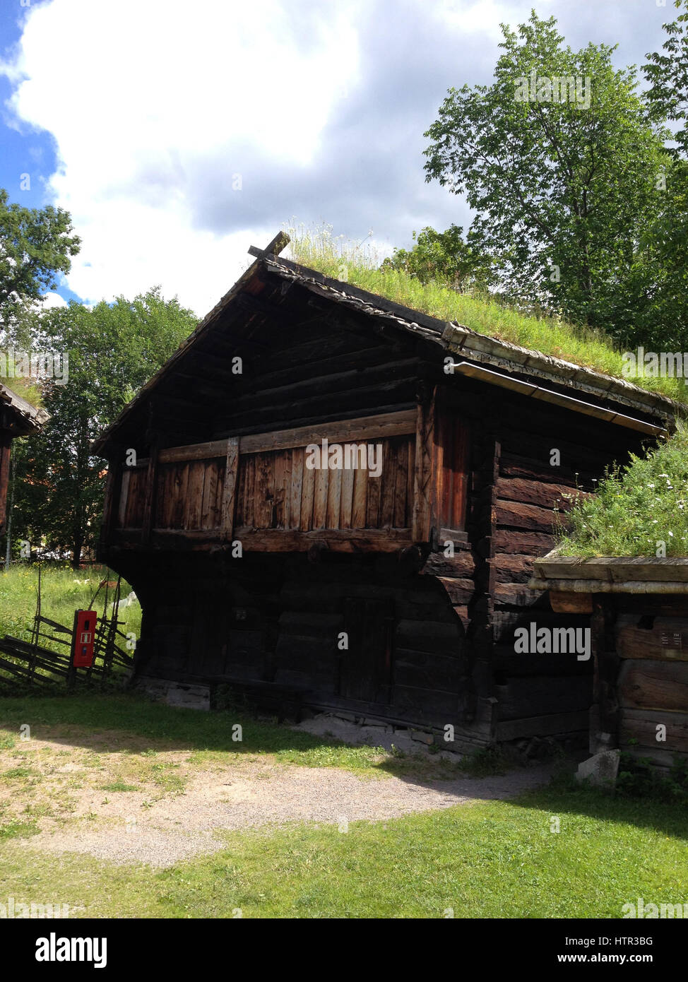 Traditional vernacular hut of early Norwegians.  Naturally insulating green roofs.  Grass growing on roof.  Traditional wooden house in Oslo Norway. Stock Photo