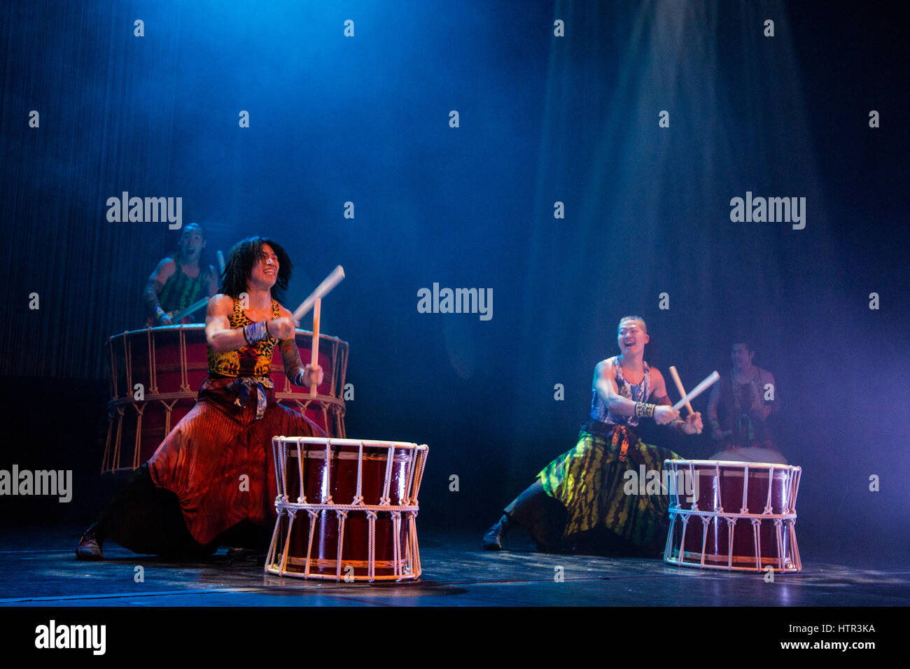 London, UK. 13 March 2017. Almost 20 years since their West End debut in 1998, high-energy performance group Yamato, The Drummers of Japan, return to The Peacock theatre from 14 to 25 March 2017 with the UK premiere of Chousensha - The Challengers bringing with them the ancient art of Japanese Taiko drumming which is used traditionally in Japanese Shinto rituals. A UK tour follows from 28 March to 1 May 2017. Stock Photo