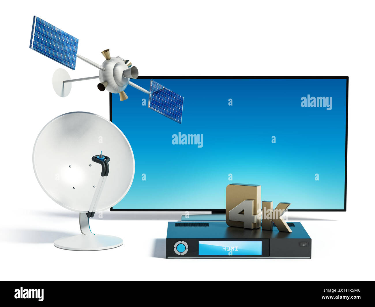 Satellite, dish, 4K ultra HD receiver and TV isolated on white background. 3D illustration. Stock Photo