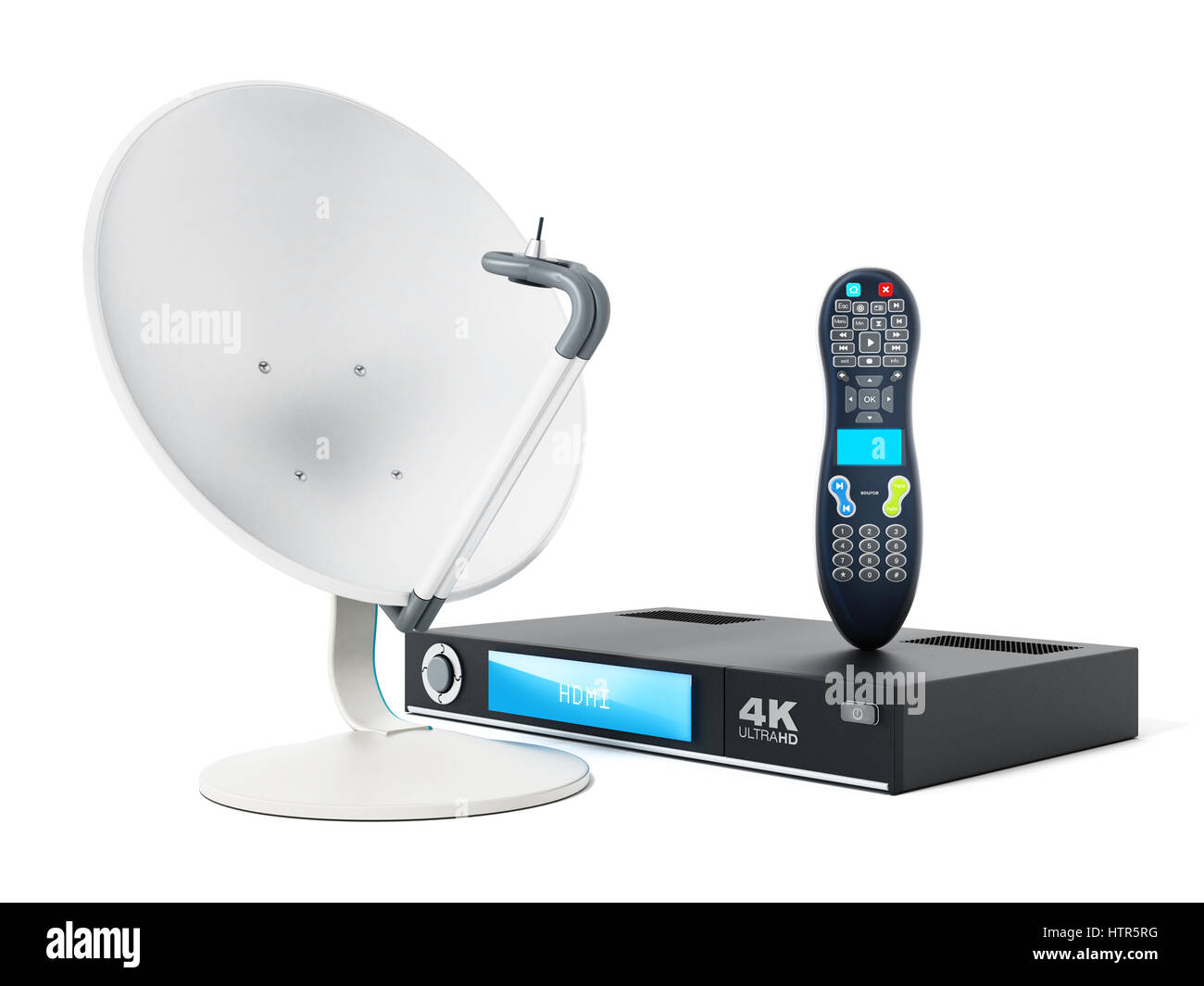 Satellite dish, 4K ultra HD receiver, remote controller isolated on white background. 3D illustration. Stock Photo