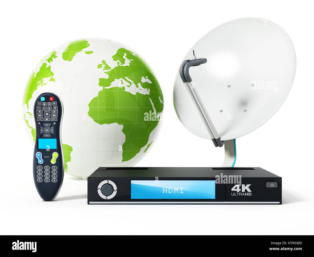 Satellite dish, 4K ultra HD receiver, remote controller with green globe. 3D illustration. Stock Photo