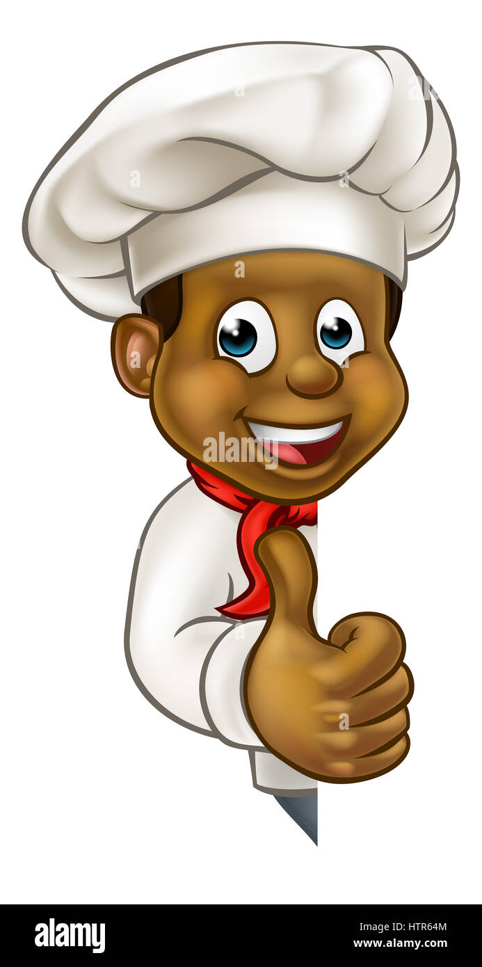 Cartoon black chef or baker character giving thumbs up and peeking around sign or background Stock Photo