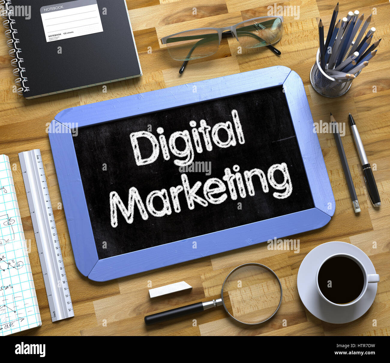 Digital Marketing on Small Chalkboard. 3D. Stock Photo
