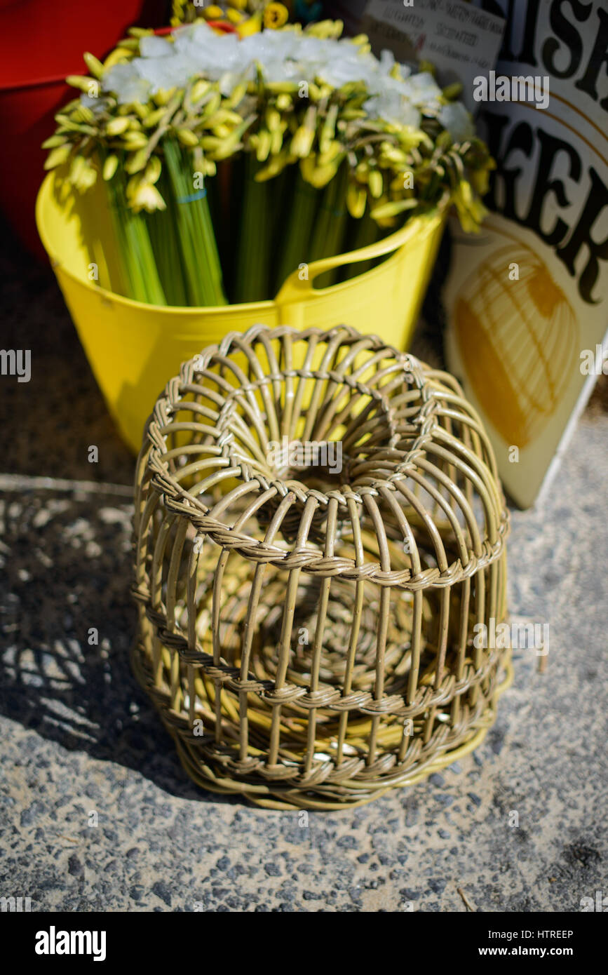 A handmade traditional cornish willow lobster pot called a Withy Pot on the quayside of the harbour at St Ives, Cornwall, England, UK. Stock Photo