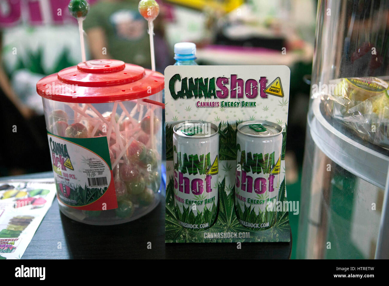 Cannabis energy dink at Canapa Mundi the international hemp fair, now in its fourth edition, with products related to food, handicraft, cosmetics and  Stock Photo