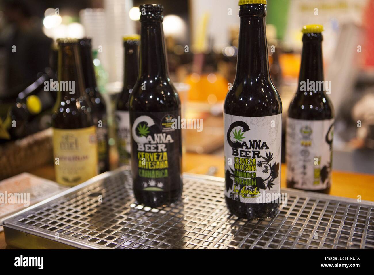Cannabis beer at Canapa Mundi the international hemp fair, now in its fourth edition, with products related to food, handicraft, cosmetics and hemp cu Stock Photo