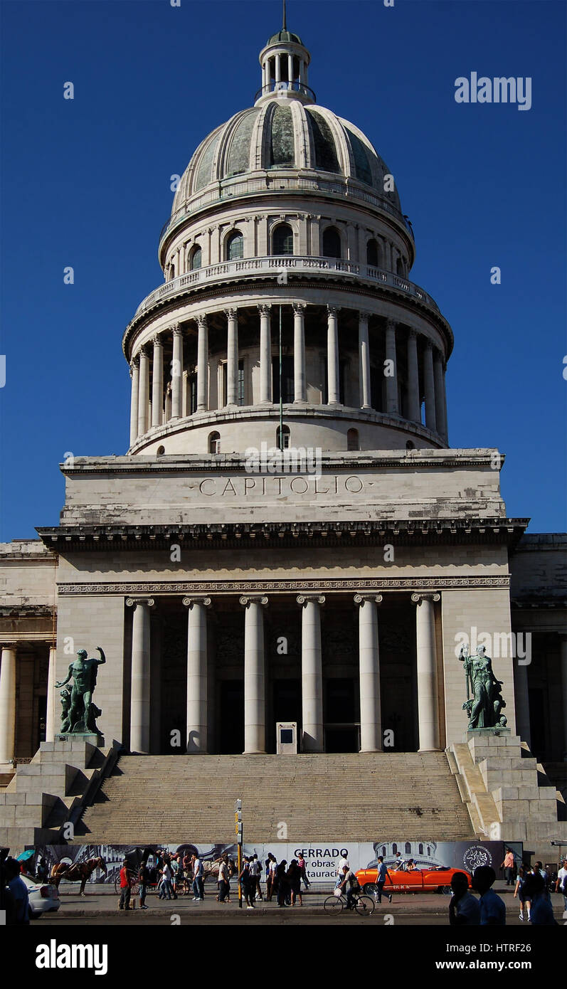 The Entrance Portico underneath the Towering Dome of the National Capitol Building, Havana, Cuba Stock Photo