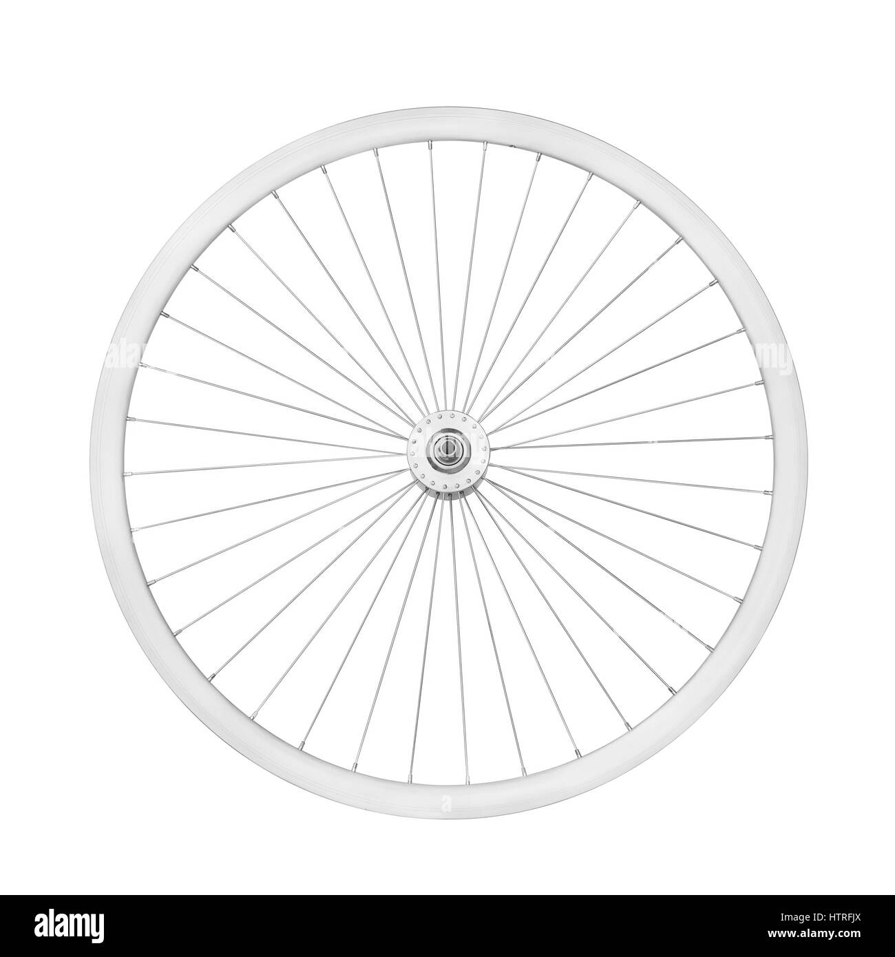 Aluminum bicycle wheel without tire. Top view, isolated on white, clipping path included Stock Photo