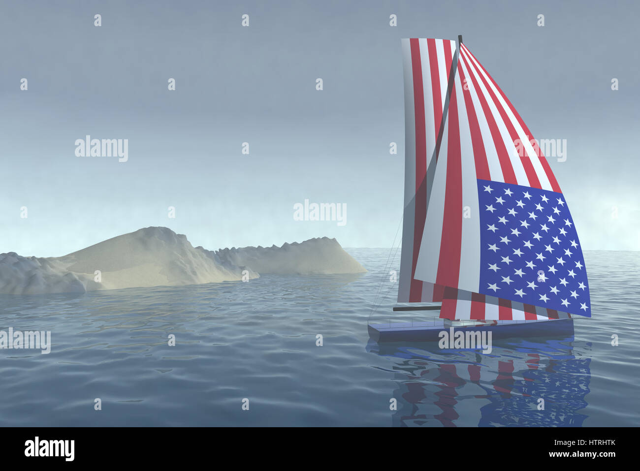 sailing boat with colored sail as the American flag that cruises the