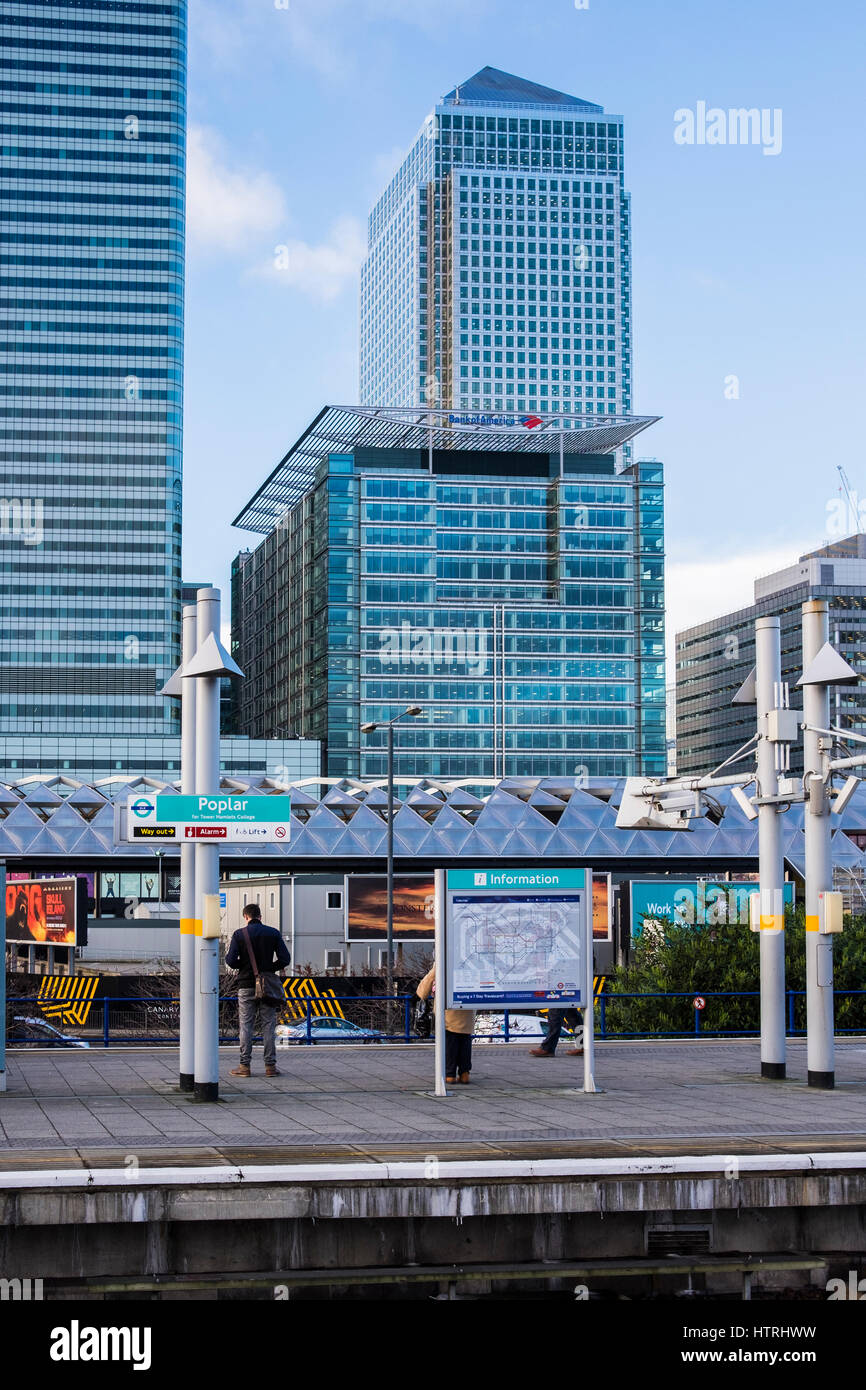 Poplar DLR Station in front of Canary Wharf Office Towers, London, England, U.K. Stock Photo