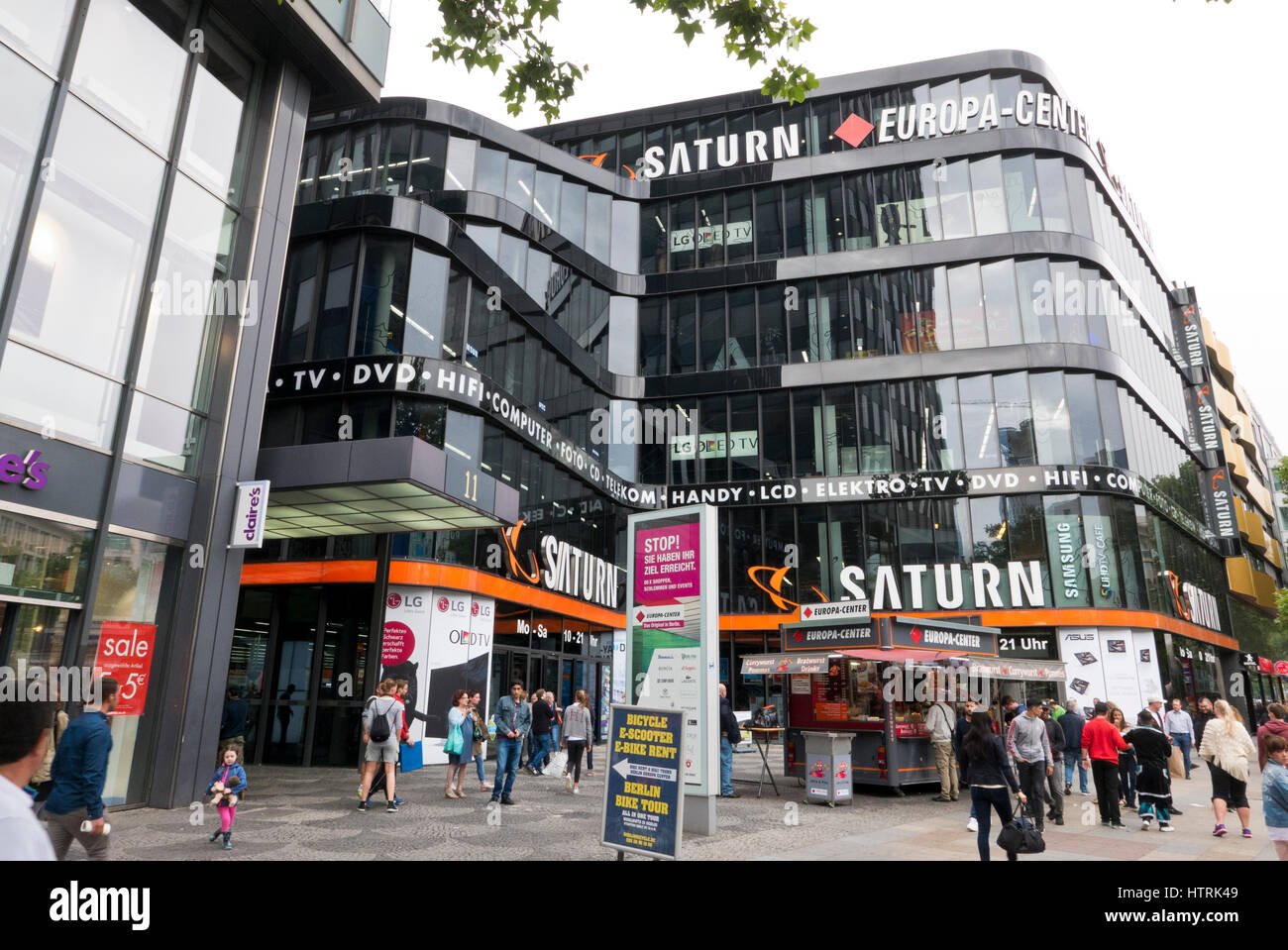 The exterior of the Europa Center with the Saturn Logo, Berlin, Germany Stock Photo