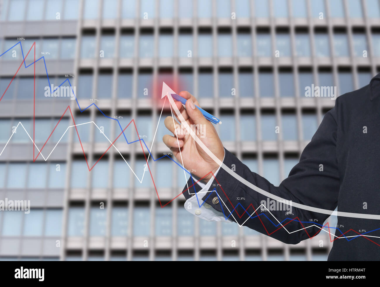 Hand of businessman use a blue pen point to top white arrow of grow ...
