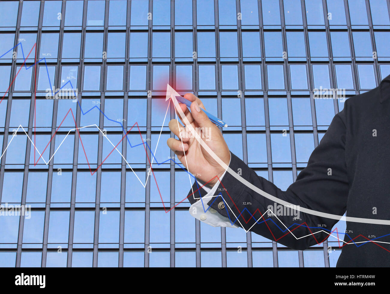Hand of businessman use a blue pen point to top white arrow of grow ...