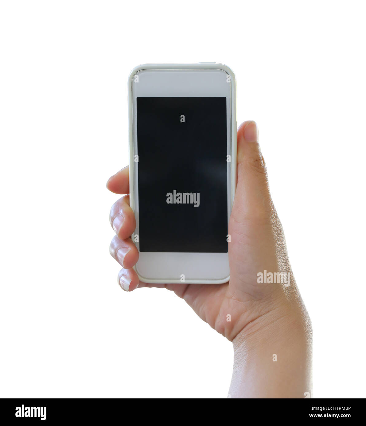Hand of woman holding a smartphone isolated on white background and have clipping paths to easy deployment. Stock Photo