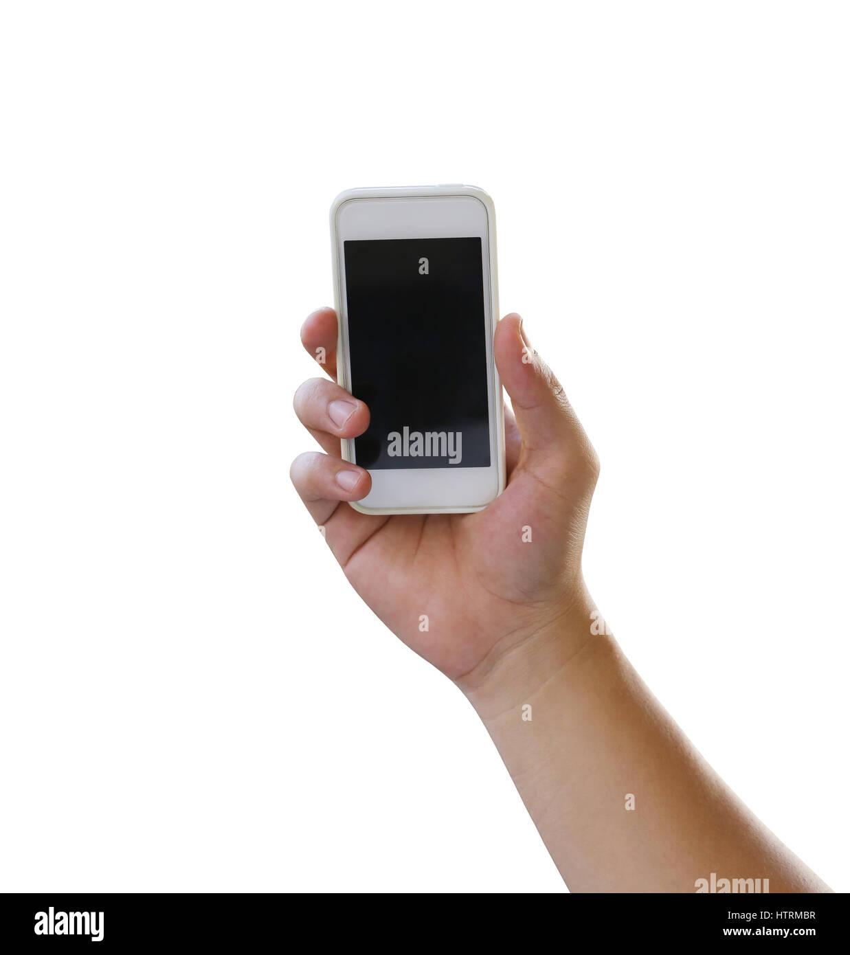 Hand of man holding a smartphone isolated on white background and have clipping paths to easy deployment. Stock Photo