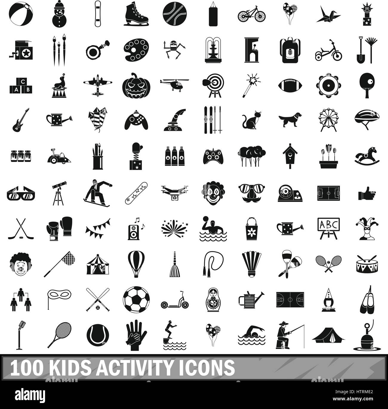 100 kids activity icons set, simple style  Stock Vector