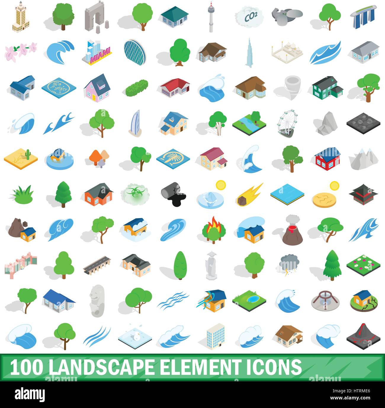 100 landscape element icons set, isometric style Stock Vector Image ...