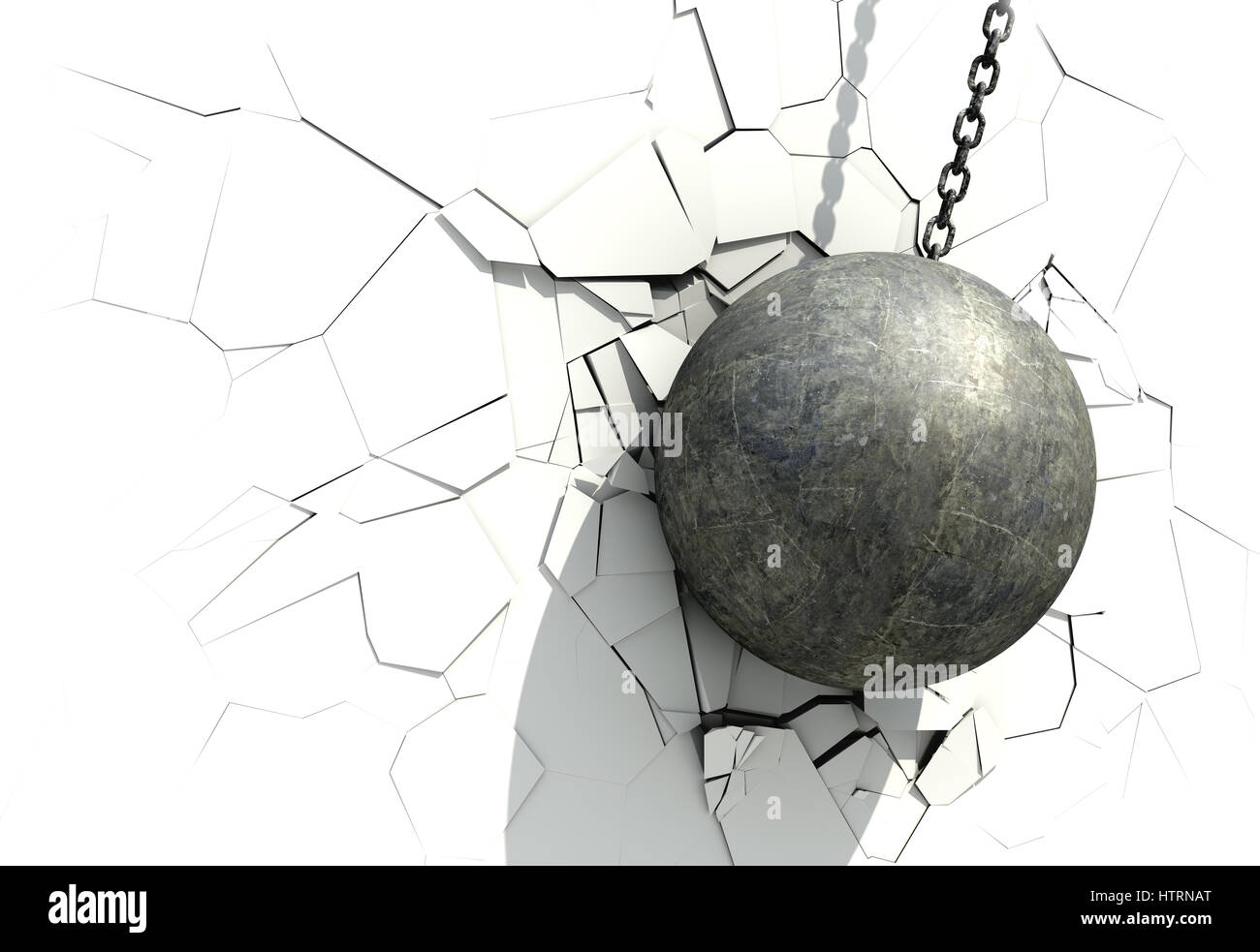 Metallic Wrecking Ball Shattering The White Wall. 3D Illustration. Stock Photo