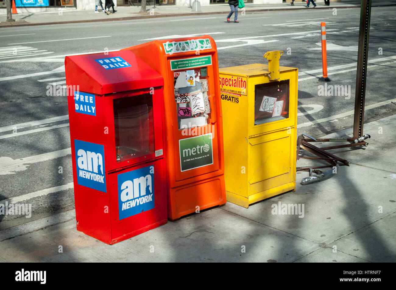 Newspaper boxes in New York on Sunday, March 12, 2017. (© Richard B. Levine Stock Photo Alamy