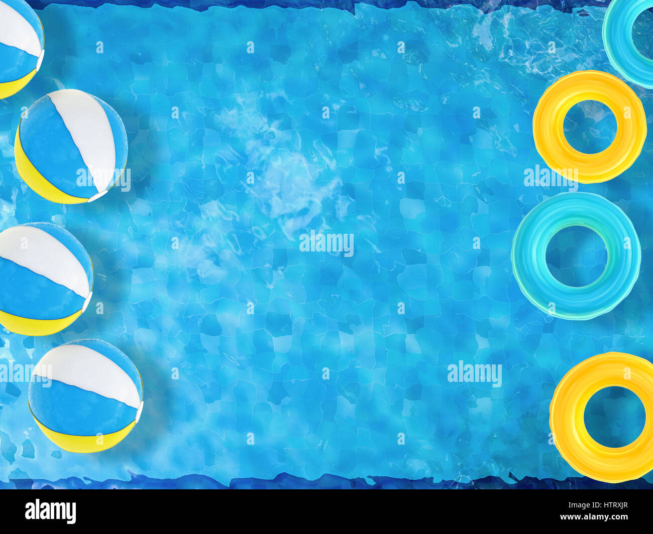 beach balls and swim rings floating on pool top view with blank space