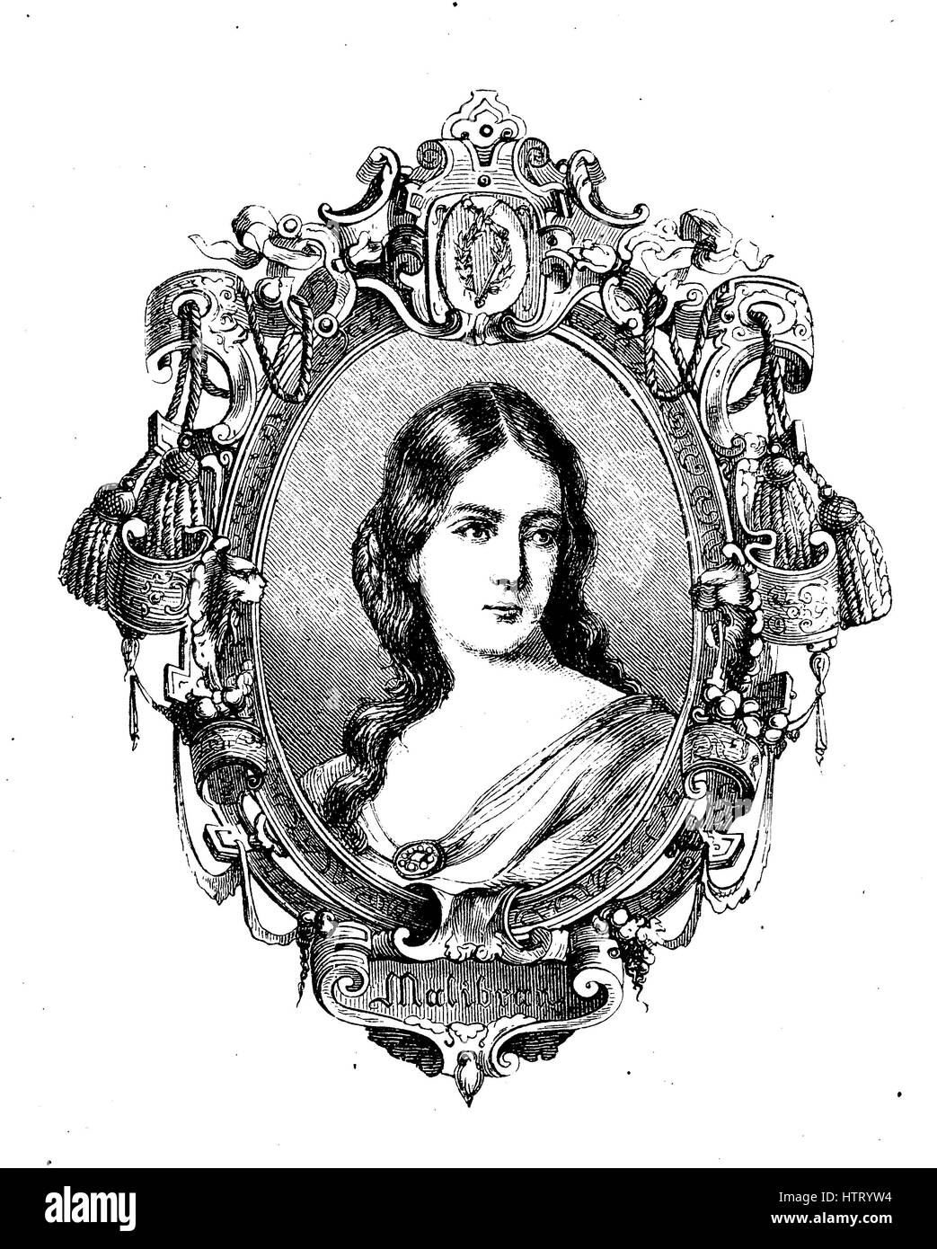 Maria Malibran, 24 March 1808 - 23 September 1836, was a Spanish mezzo-soprano who commonly sang both contralto and soprano parts, and was one of the most famous opera singers of the 19th century. Maria de la Felicidad Malibran, geb. Garcia, war eine franzoesische Opernsaengerin, reproduction of a woodcut from the year 1880, digital improved Stock Photo