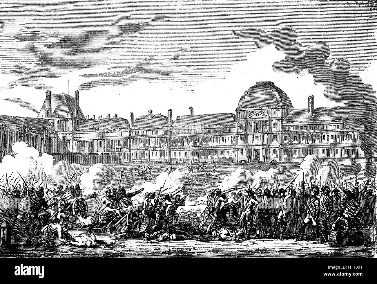 The Insurrection of 10 August 1792 was one of the defining events in the history of the French Revolution. The storming of the Tuileries Palace by the National Guard of the insurrectional Paris Commune and revolutionary from Marseilles and Brittany resulted in the fall of the French monarchy, reproduction of a woodcut from the year 1880, digital improved Stock Photo