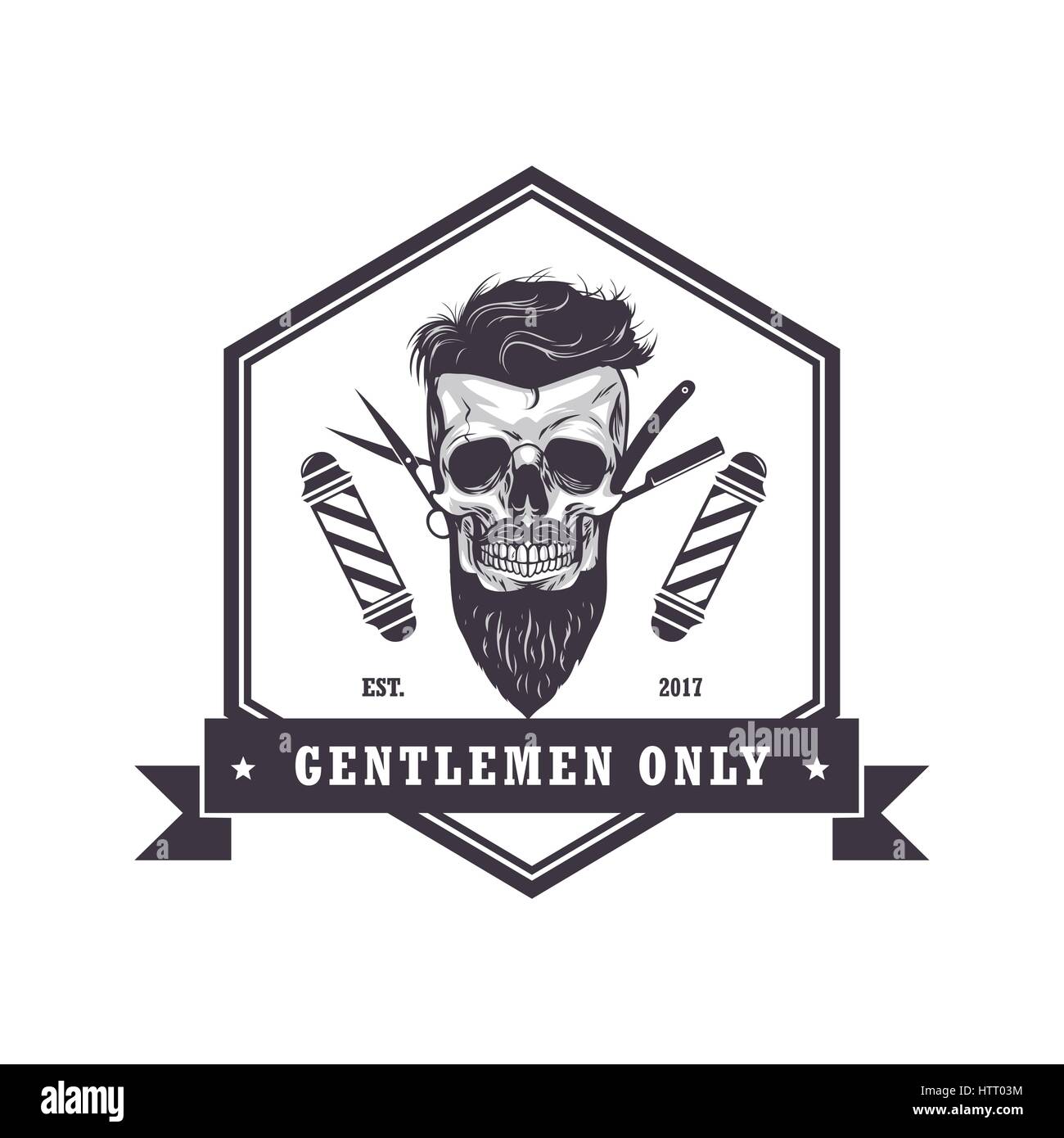 skull barber shop hexagonal logo retro vintage design template