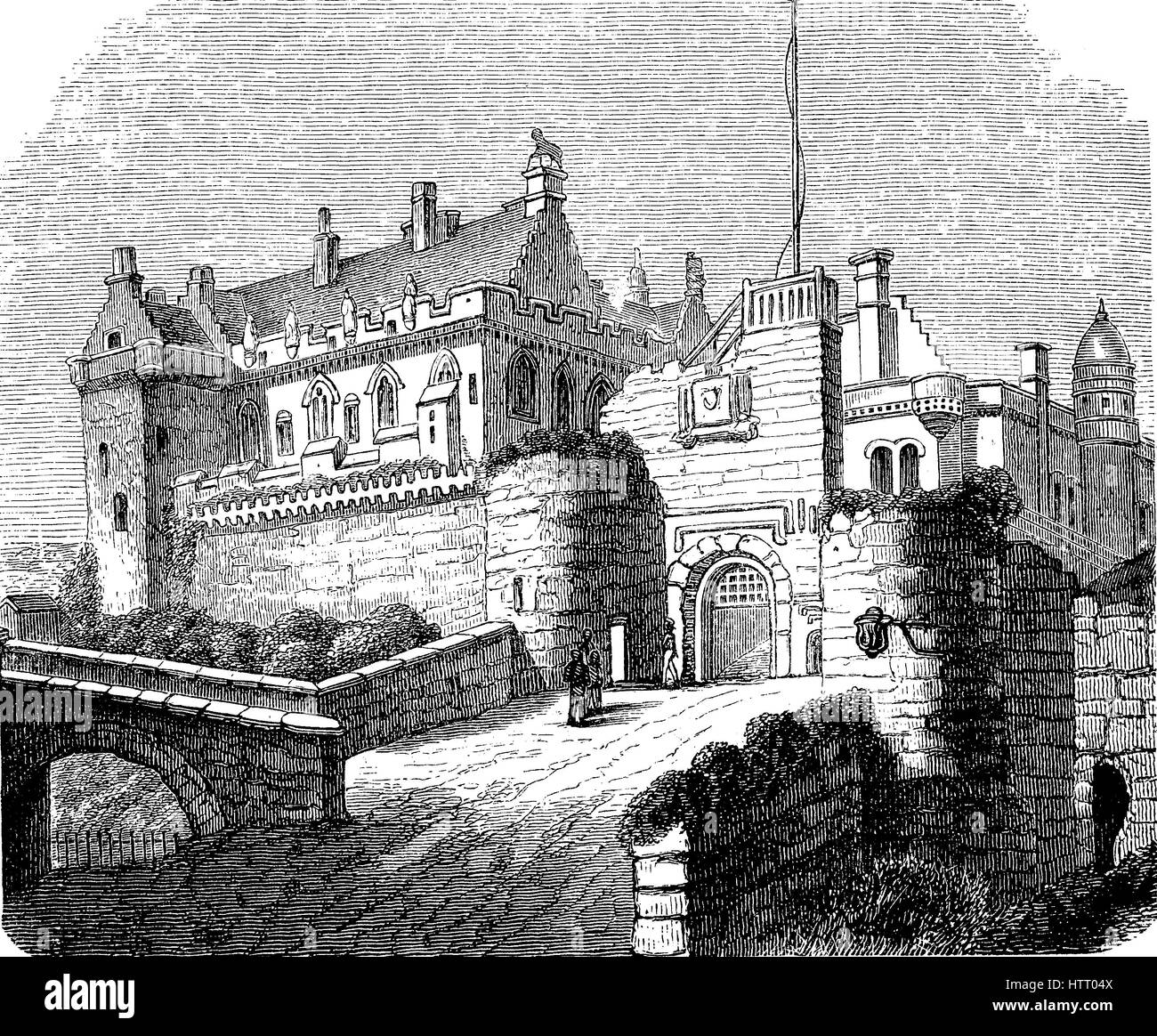Stirling Castle, located in Stirling, is one of the largest and most important castles in Scotland, reproduction of a woodcut from the year 1880, digital improved Stock Photo
