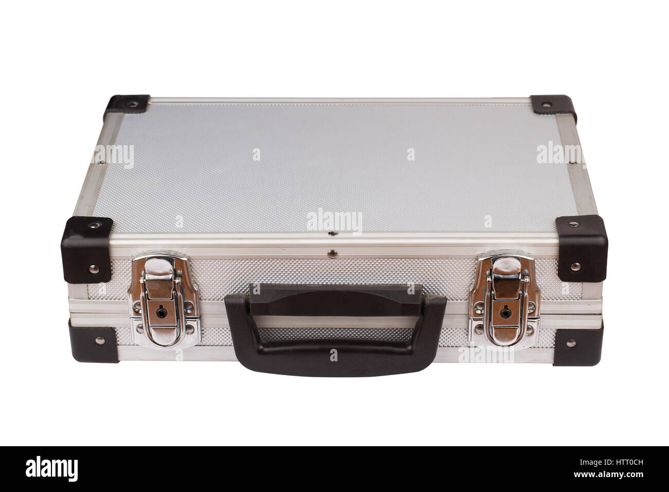 horizontal top view of closed silver metal aluminum suitcase isolated