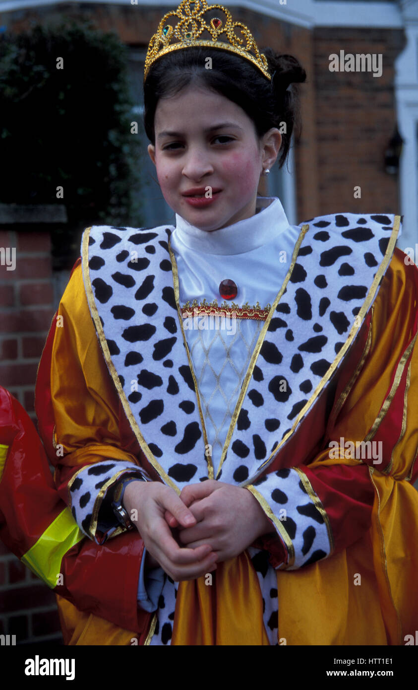 Girl dressed as Queen Esther purim celebrations Stamford Hill North London Stock Photo