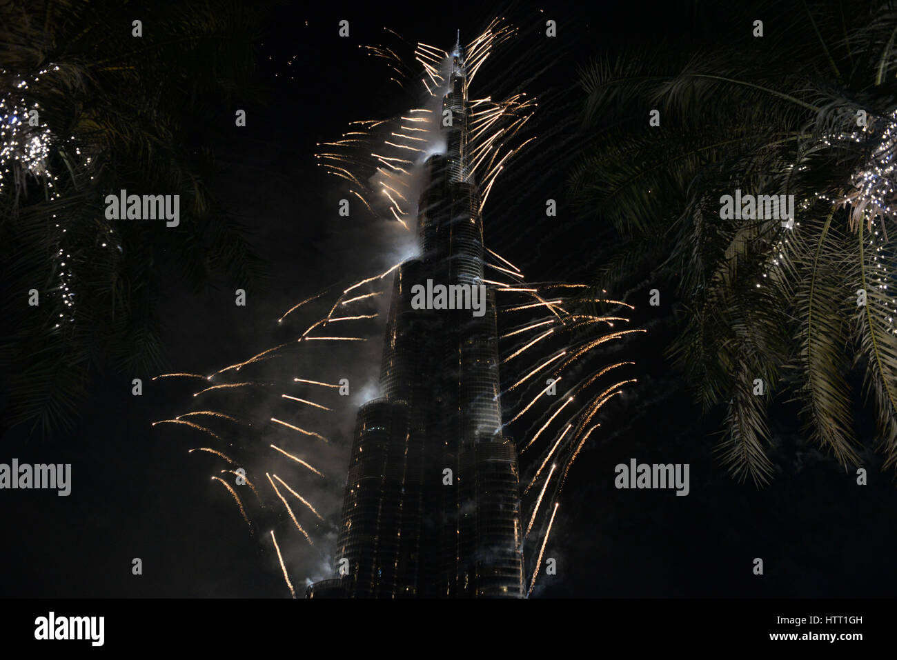 Firework display. Burj Khalifa. New Year's Eve Dec 31st 2016 Dubai, UAE ...