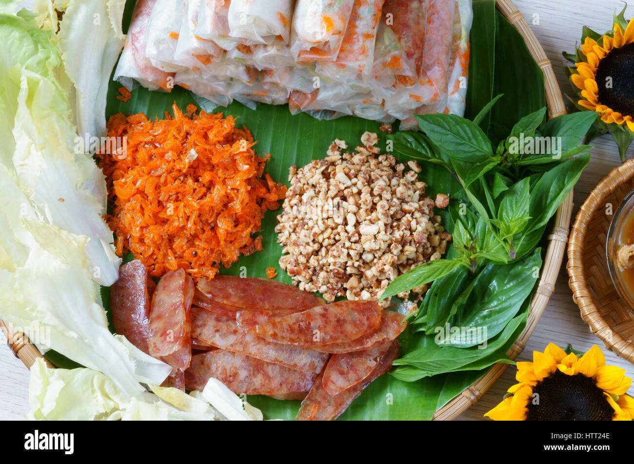Vietnamese food, bo bia is street food, snack that delicious, cholesterol free, make from dried small shrimp, vegetables, sausage, peanut in rice pape Stock Photo