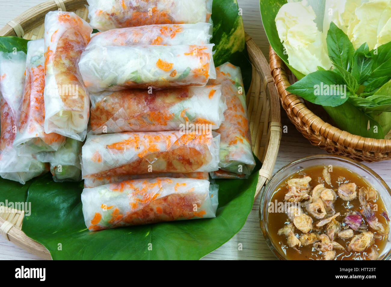 Vietnamese food, bo bia is street food, snack that delicious, cholesterol free, make from dried small shrimp, vegetables, sausage, peanut in rice pape Stock Photo