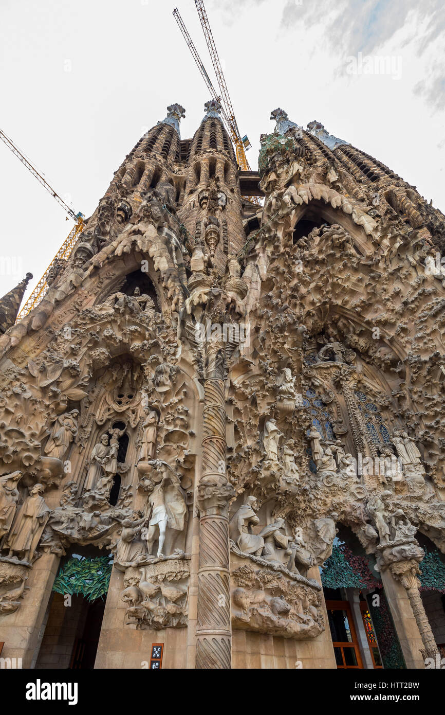 Exterior of art nouveau style cathedral Sagrada Familia in Barcelona