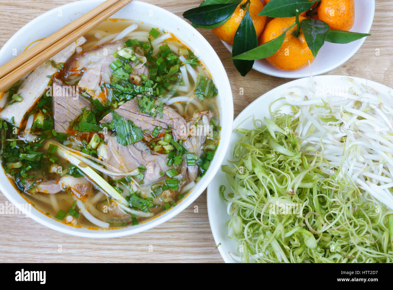 Bun bo Hue is popular Vietnamese soup contain rice vermicelli (bun) and