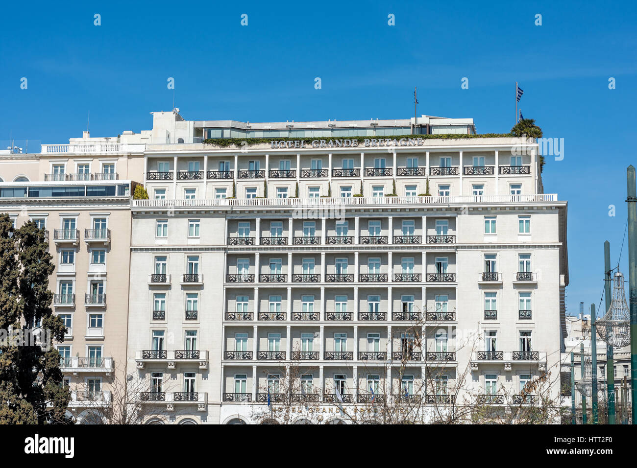 Athens, Greece - March 5, 2017: The historic Grande Bretagne hotel at Syntagma square in Athens on a sunny morning Stock Photo