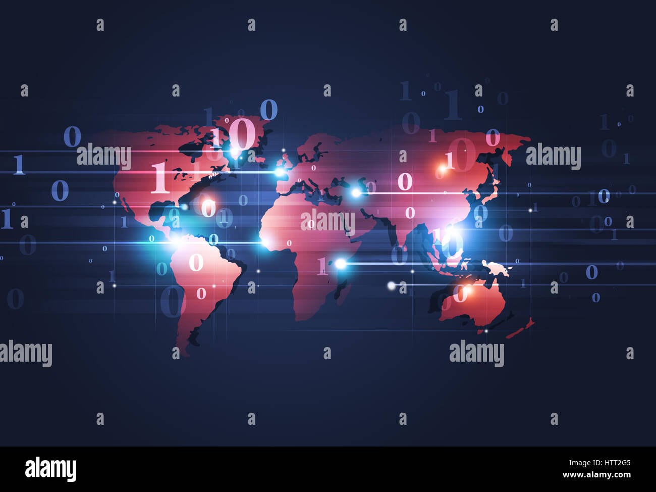 abstract technology binary code and red world map on blue background ...