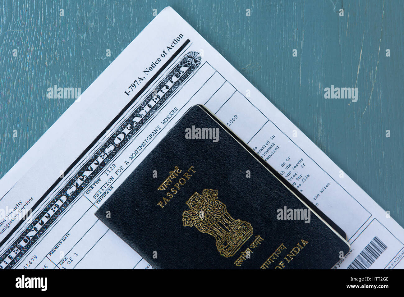 Close-up of H1-B Visa Petition and Indian Passport Stock Photo