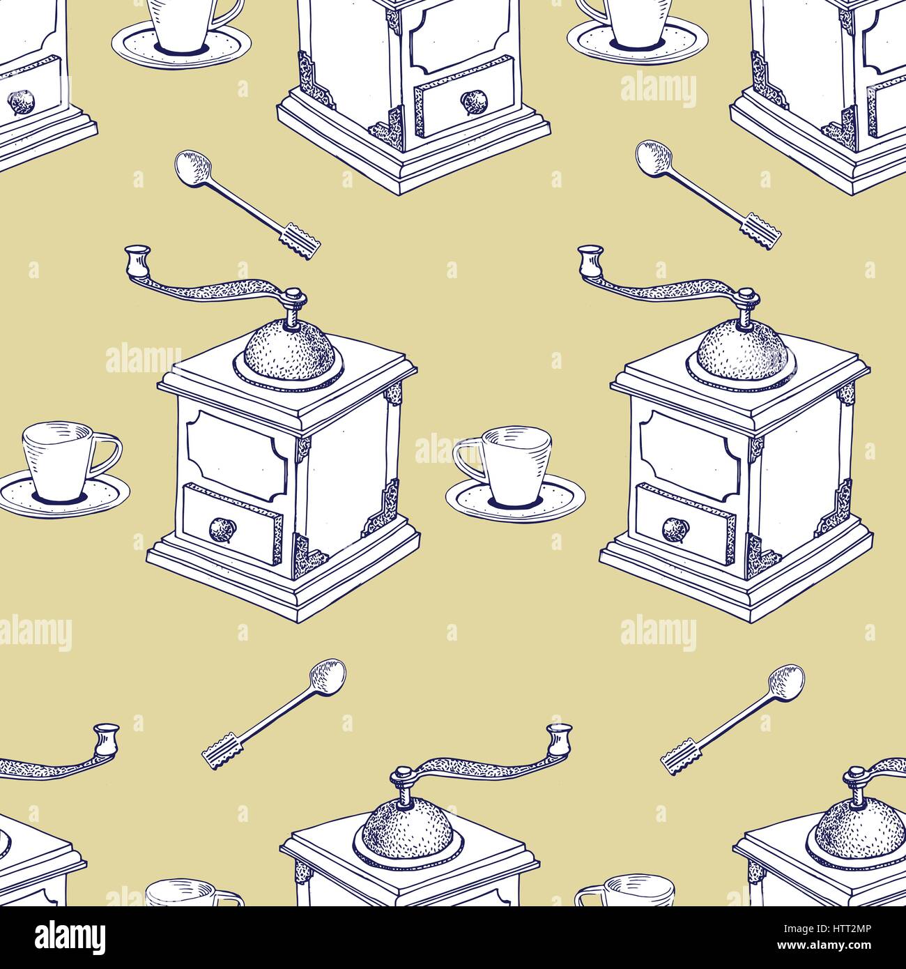 Seamless Coffee Pattern hand drawn vintage vector illustration Stock ...