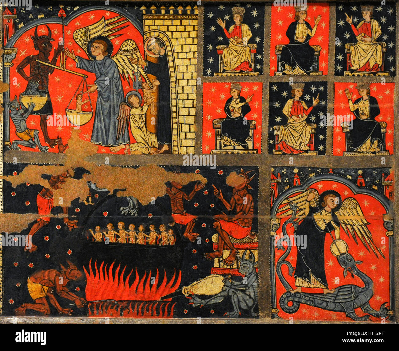 Master of Soriguerola (active late 13th century-early 14th century). Panel of Saint Michael. Detail depicting left to right and top to bottom: Saint Michael with the devil weighing souls; an angel delivering the soul of a chosen one to Saint Peter; the blessed; the damned souls in hell and Saint Michael struggling with the dragon. End of 13th century. From the Parish Church of Sant Miquel de Soriguerola (Fontanals de Cerdanya, Catalonia). National Art Museum of Catalonia. Barcelona. Catalonia. Spain. Stock Photo