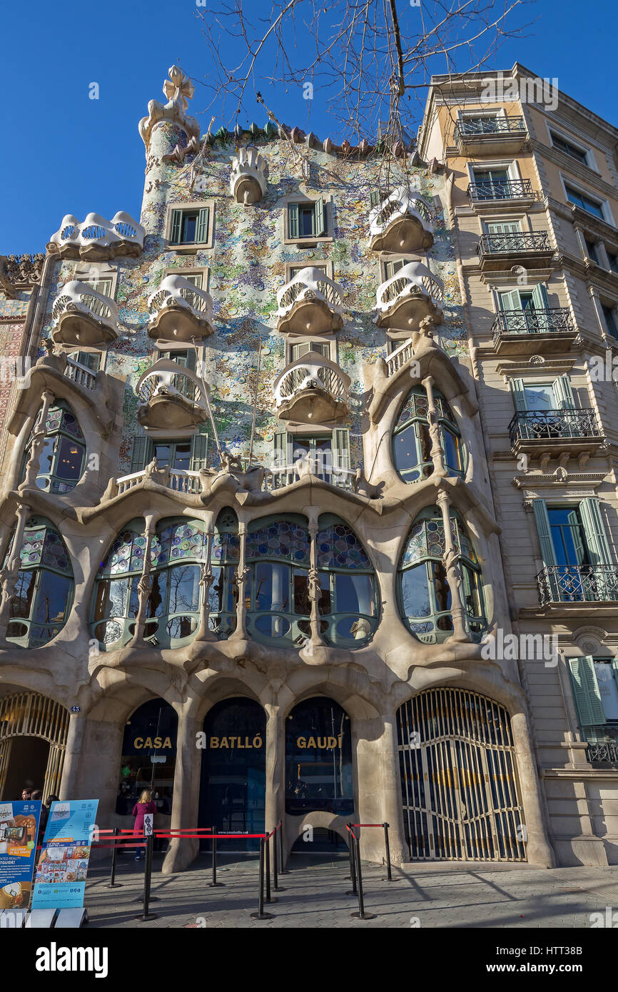 Casa Batlló is a famous building located in the centre of Barcelona and is one of Antoni Gaudí’s masterpieces, Catalonia, Spain. Stock Photo