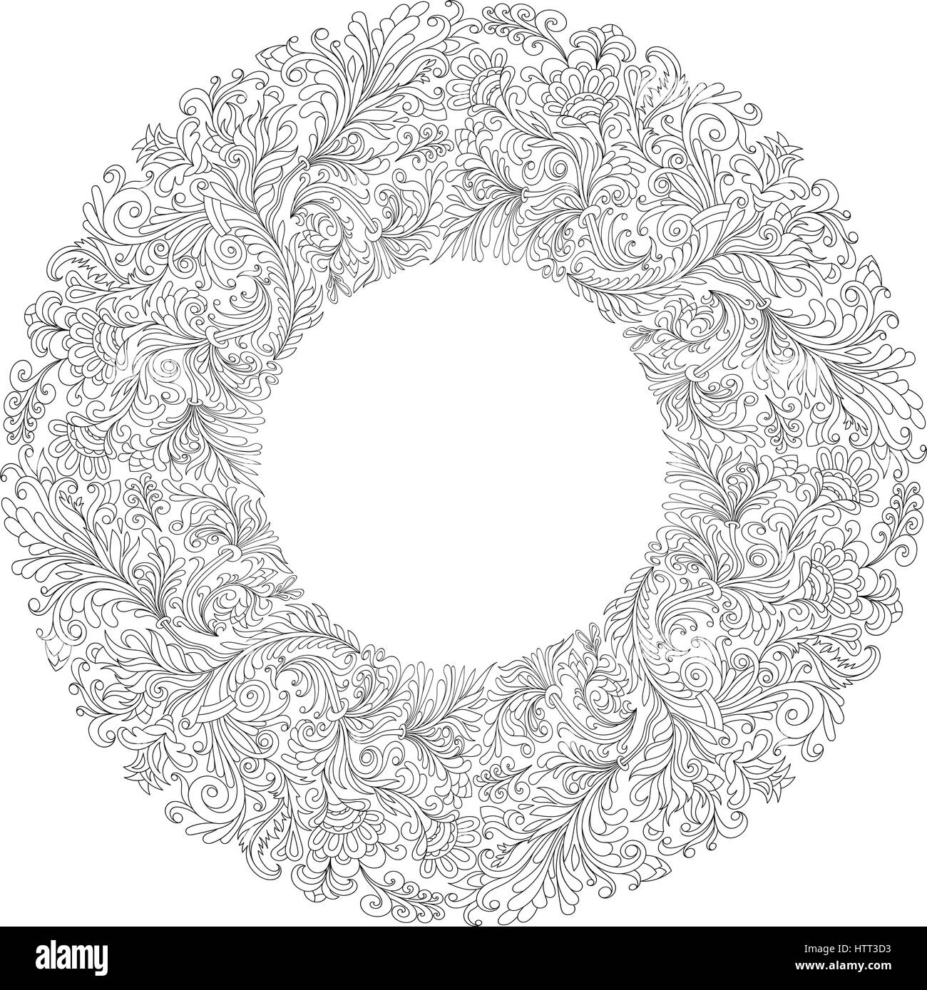 Round frame with black and white doodle flowers. Vector element for ...